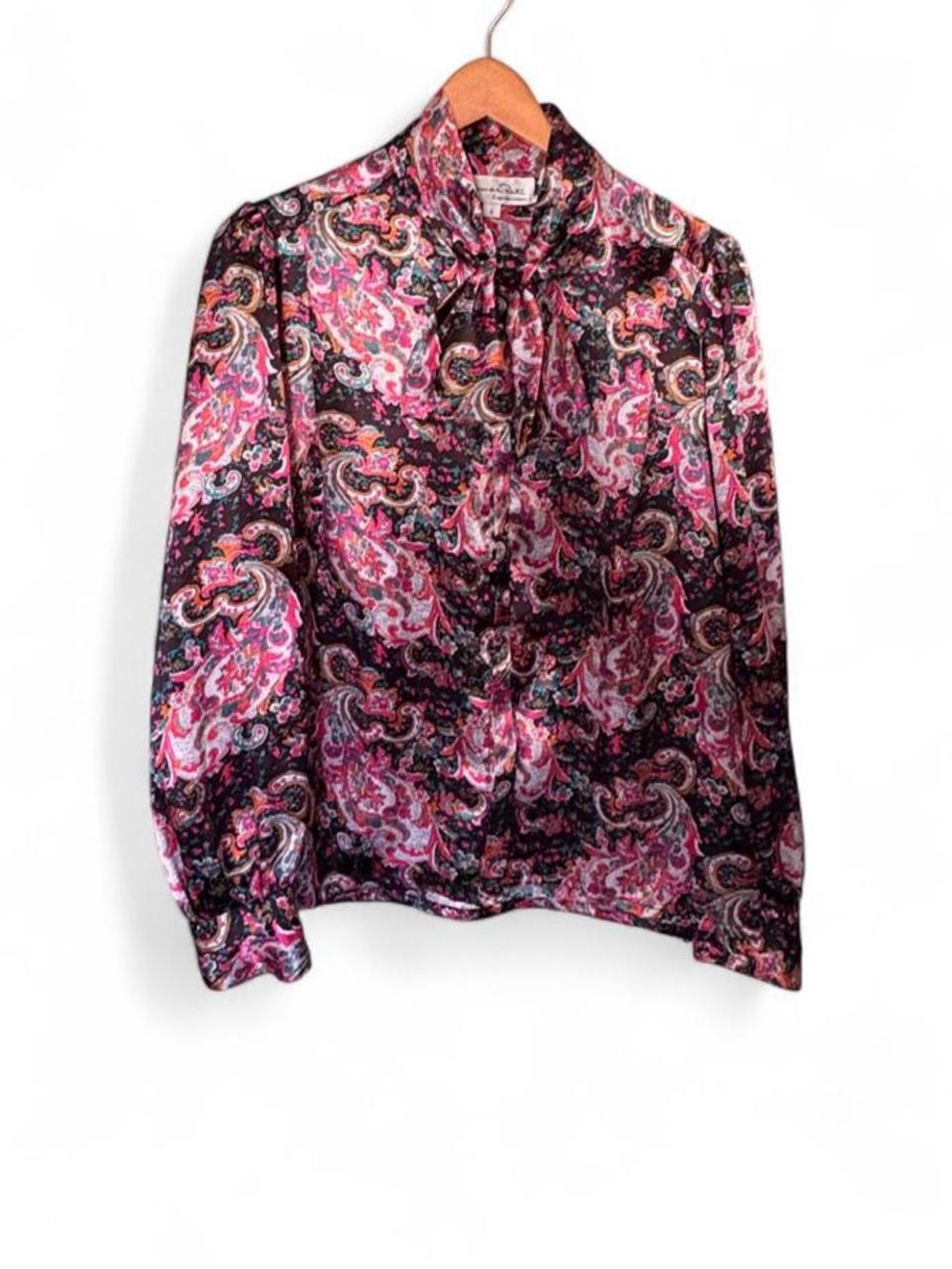 Vintage Oscar de la Renta Black Pink Paisley Expressions Blouse Size 8 Luxury